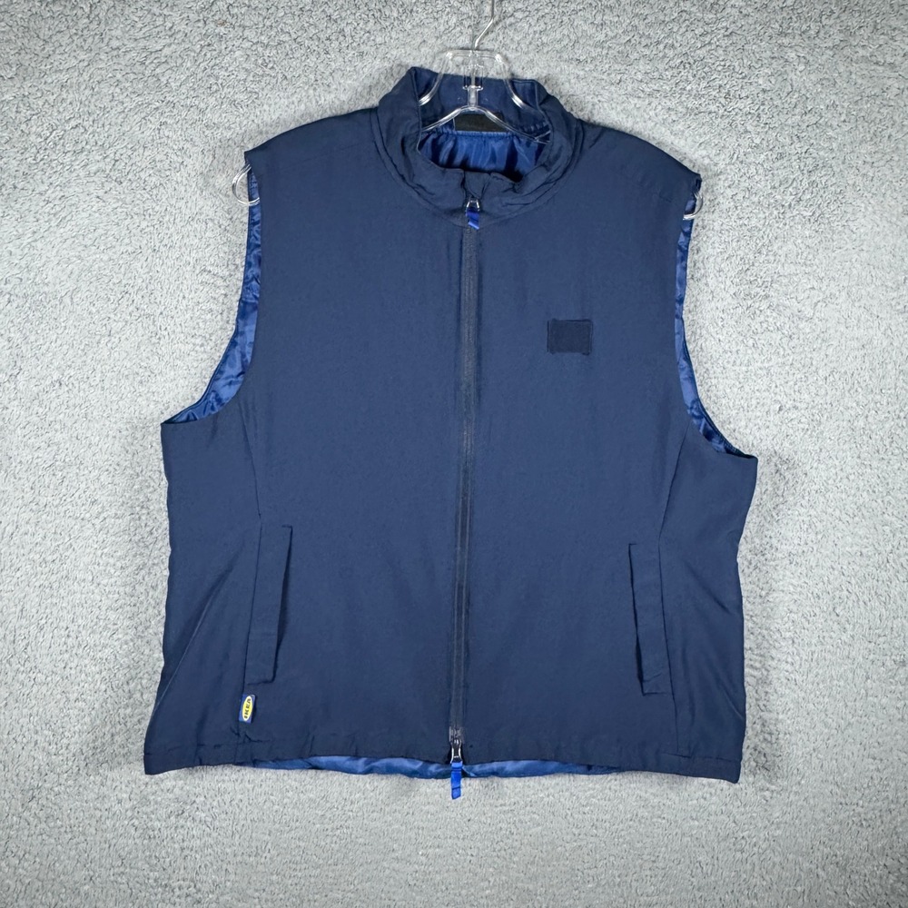 IKEA Employee Uniform Vest Navy Blue Hej Graphic Full Zip Shaped Mens XL 84489